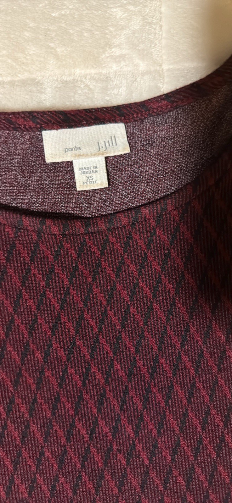 J. Jill Ponte Houndstooth Round Neck 3/4 Sleeve Dress XS Petite Burgundy