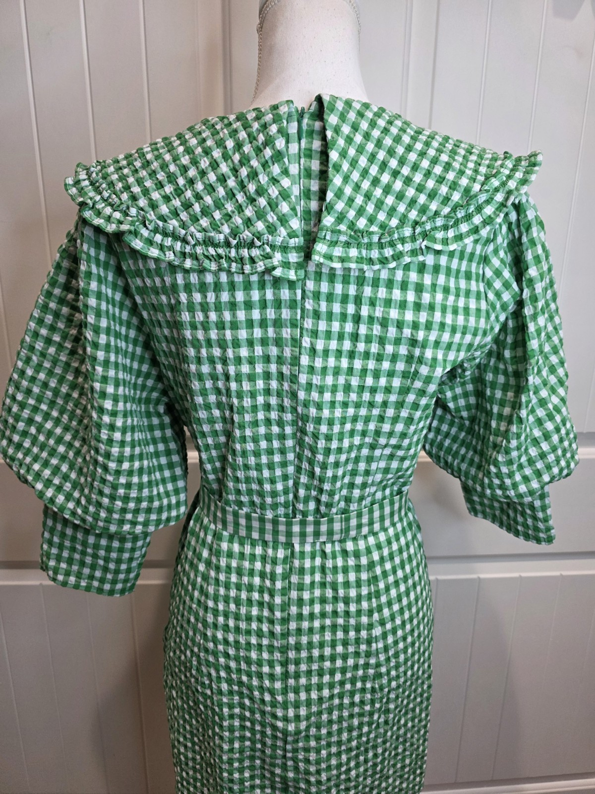 Reserved Green Gingham Seersucker Mini Dress Peter Pan Collar Belted EU40 UK12