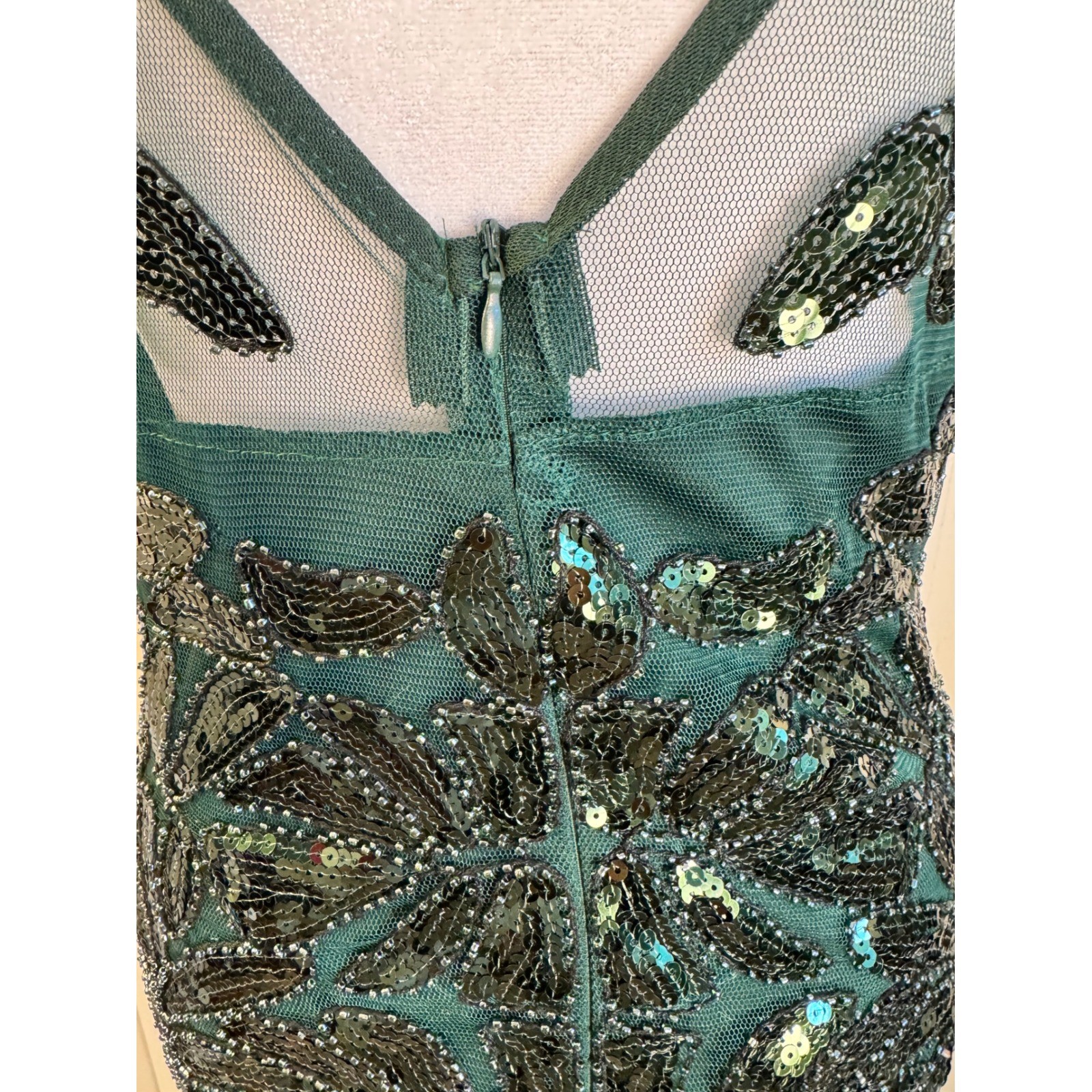 Emerald Green Sequin Beaded Illusion Gown Mermaid Formal Maxi Dress Cap Sleeve