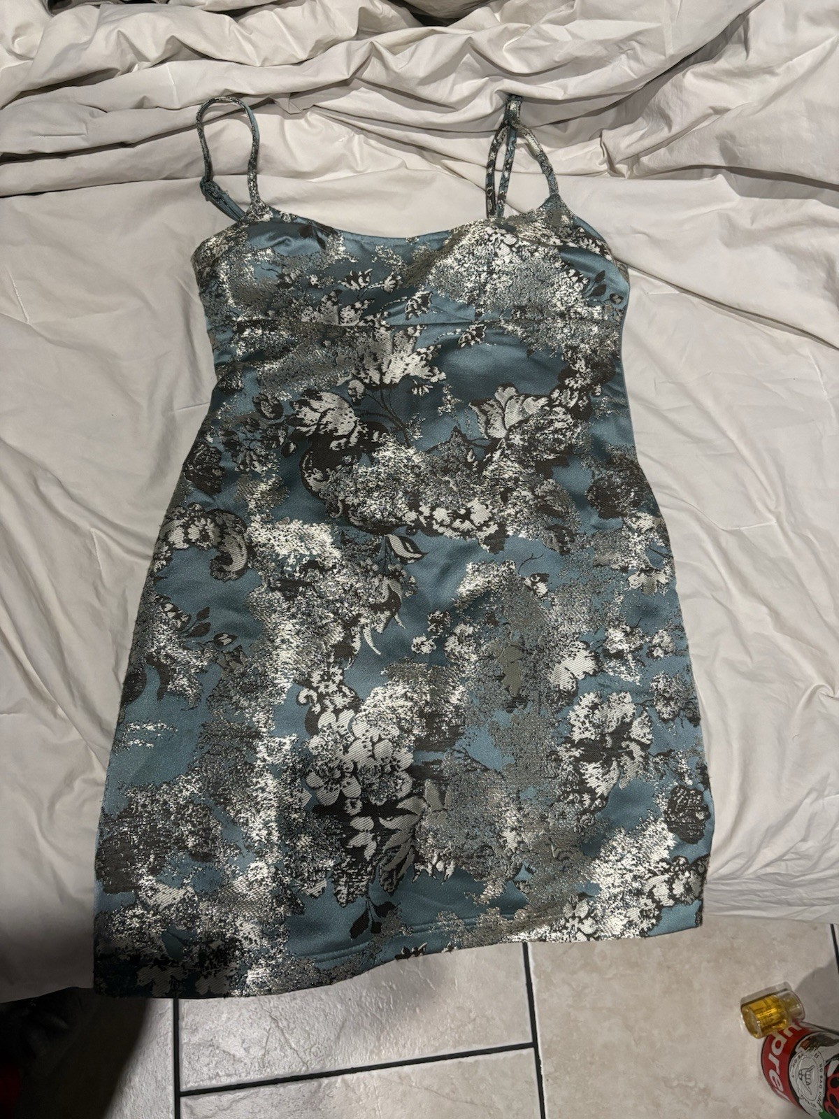 Urban Outfitters Blue/Silver Floral Jacquard Slip Mini Dress XS Square Neck Zip