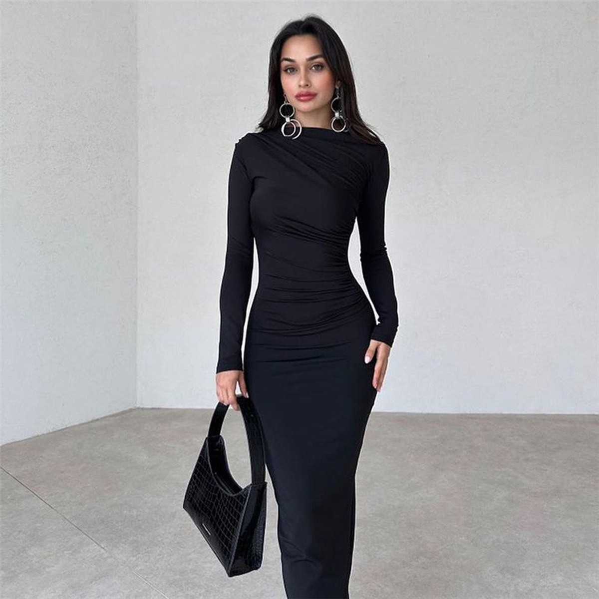 Slim fit solid color temperament long hip hugging dress