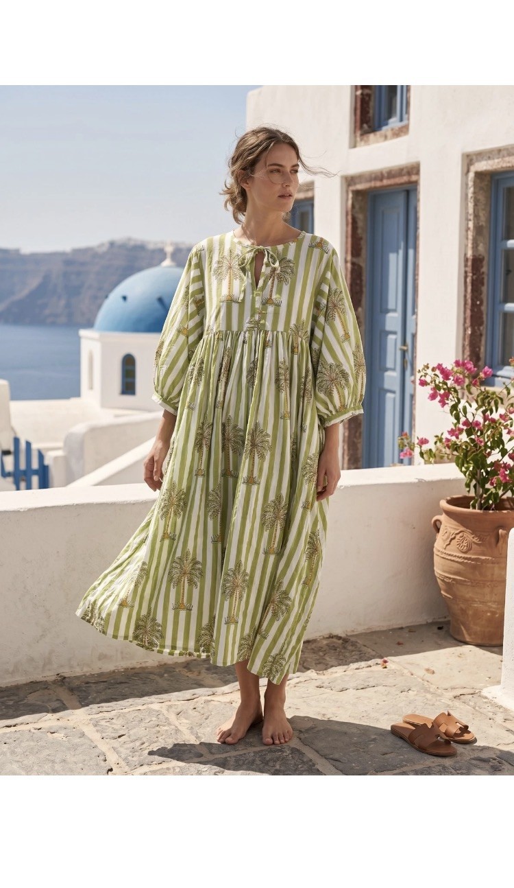 Handmade Blue Striped Cotton Maxi Dress, Boho Balloon Sleeve Dress with Pockets
