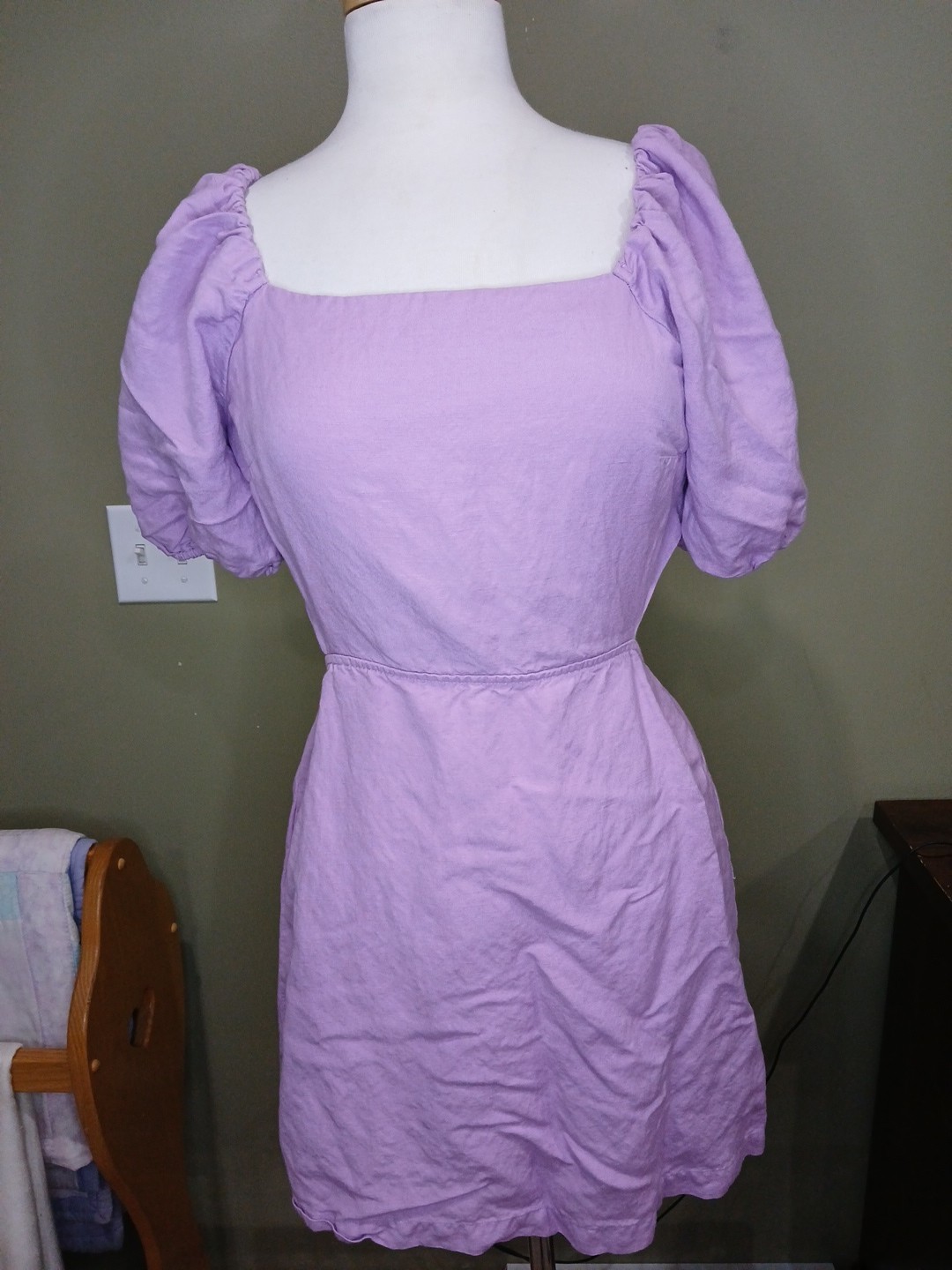 LOFT Purple Linen Small Dress Tie Back Above The Knee Puff Sleeve Vacation Sexy