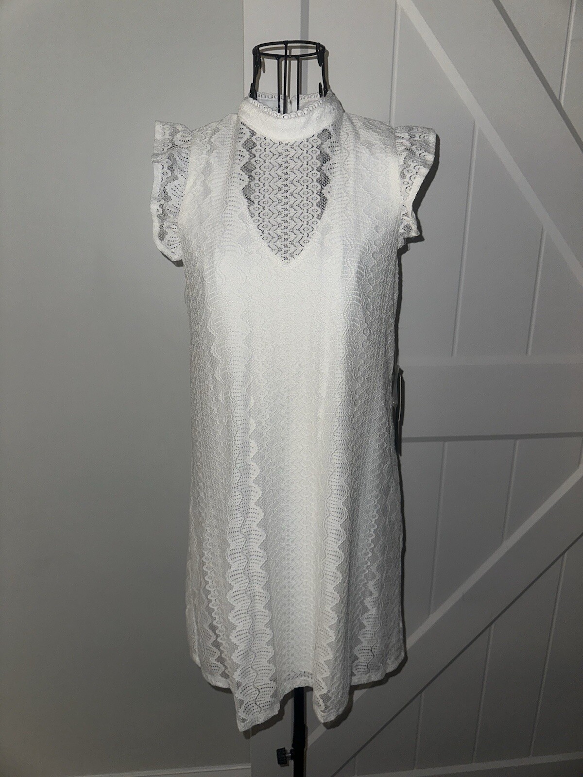 AS U WISH Crochet Mini Dress Shift White Sleeveless Keyhole Back Cottagecore XS