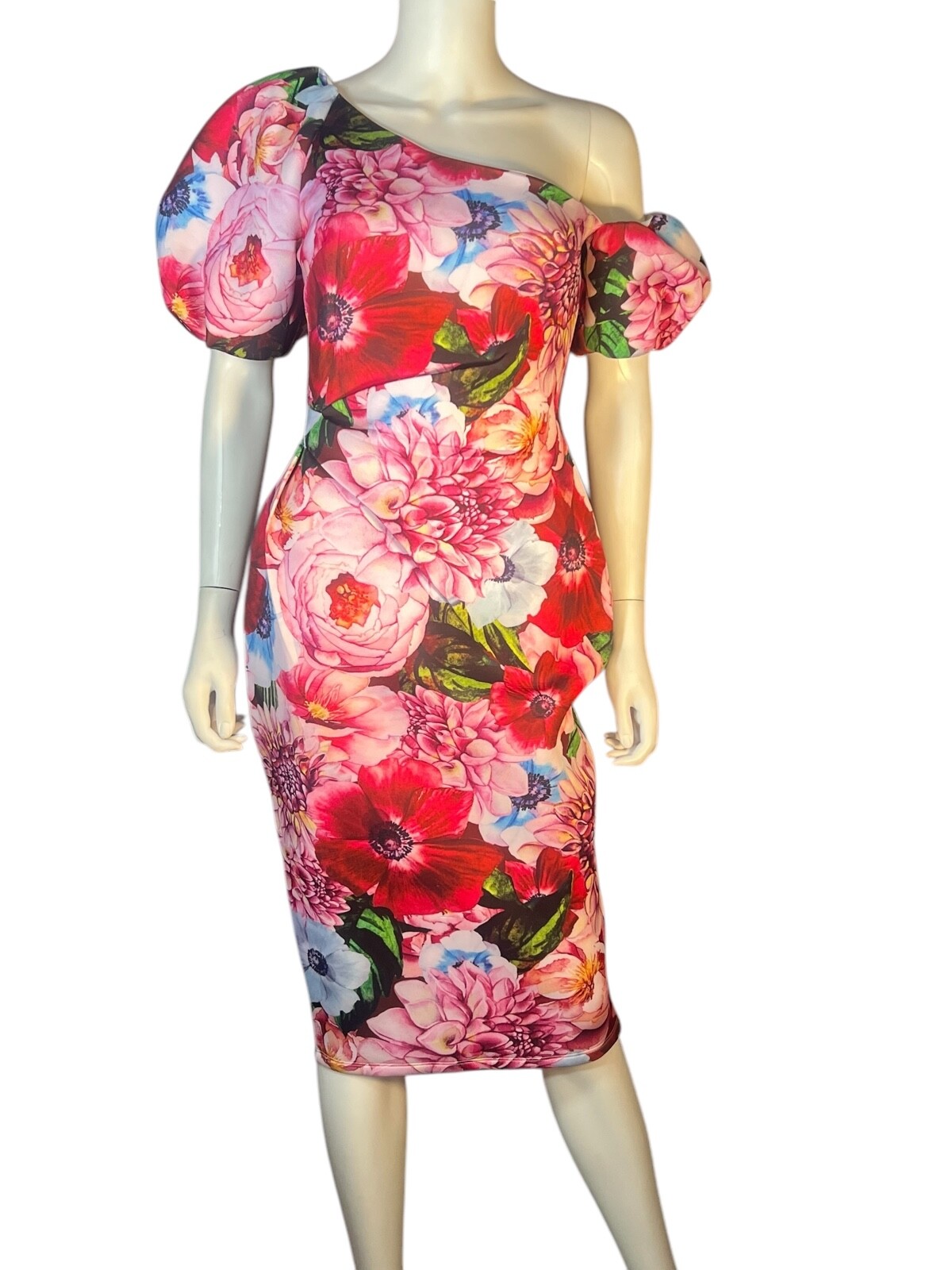 ASOS asymmetrical puff sleeve floral neoprene dress exaggerated hips sz 6
