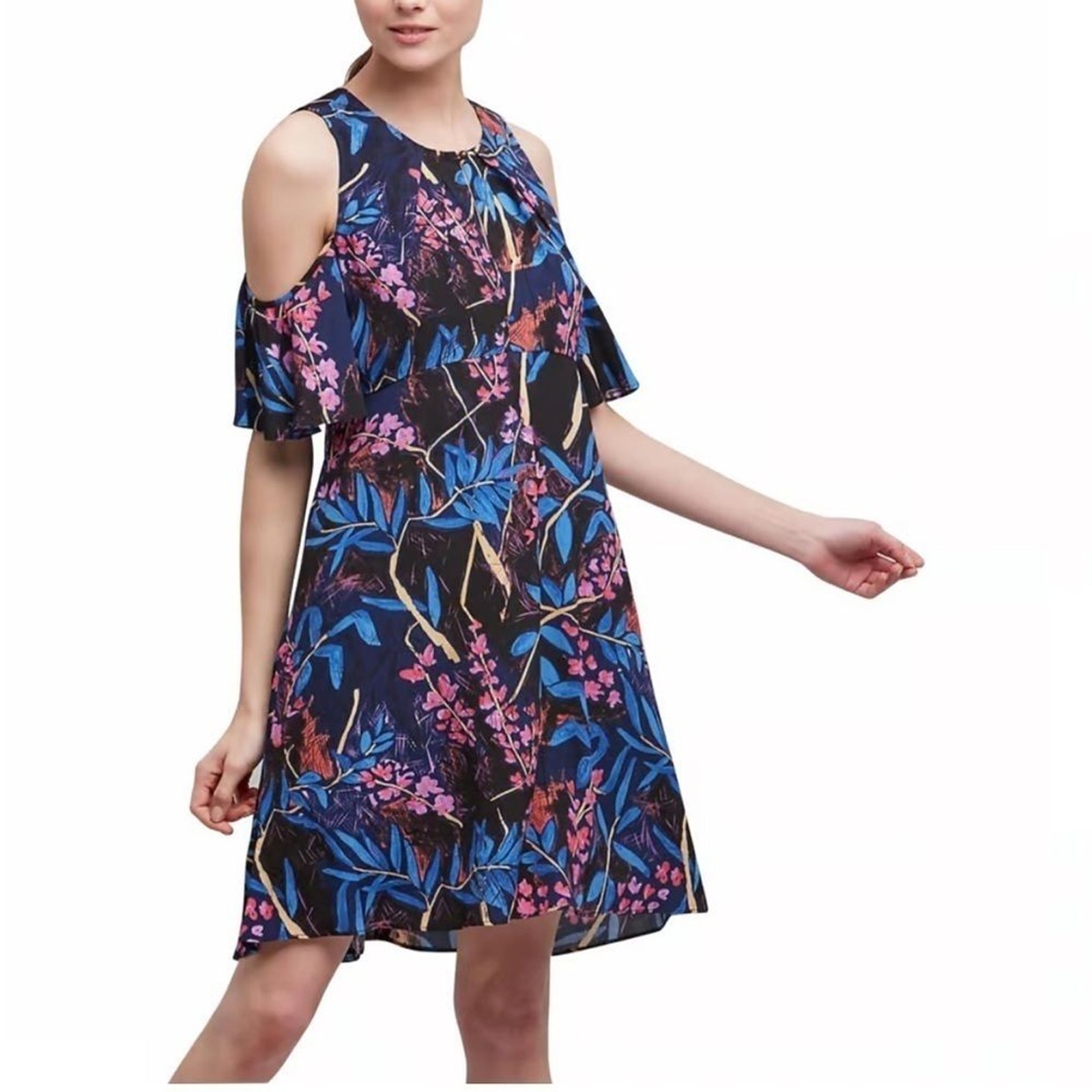 ANTHRO MAEVE ELIA NAVY MARINE MULTI COLD SHOULDER SHORT SLEEVE FLORAL DRESS 6