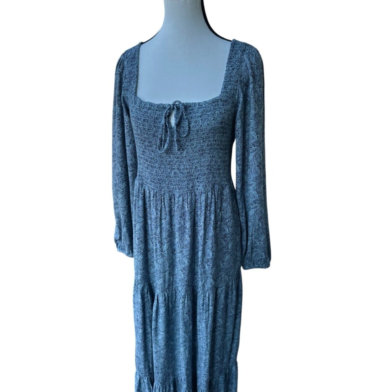 ABLE Blue Paisley Smocked Long Sleeve Tiered Viscose Maxi Dress – Size Medium