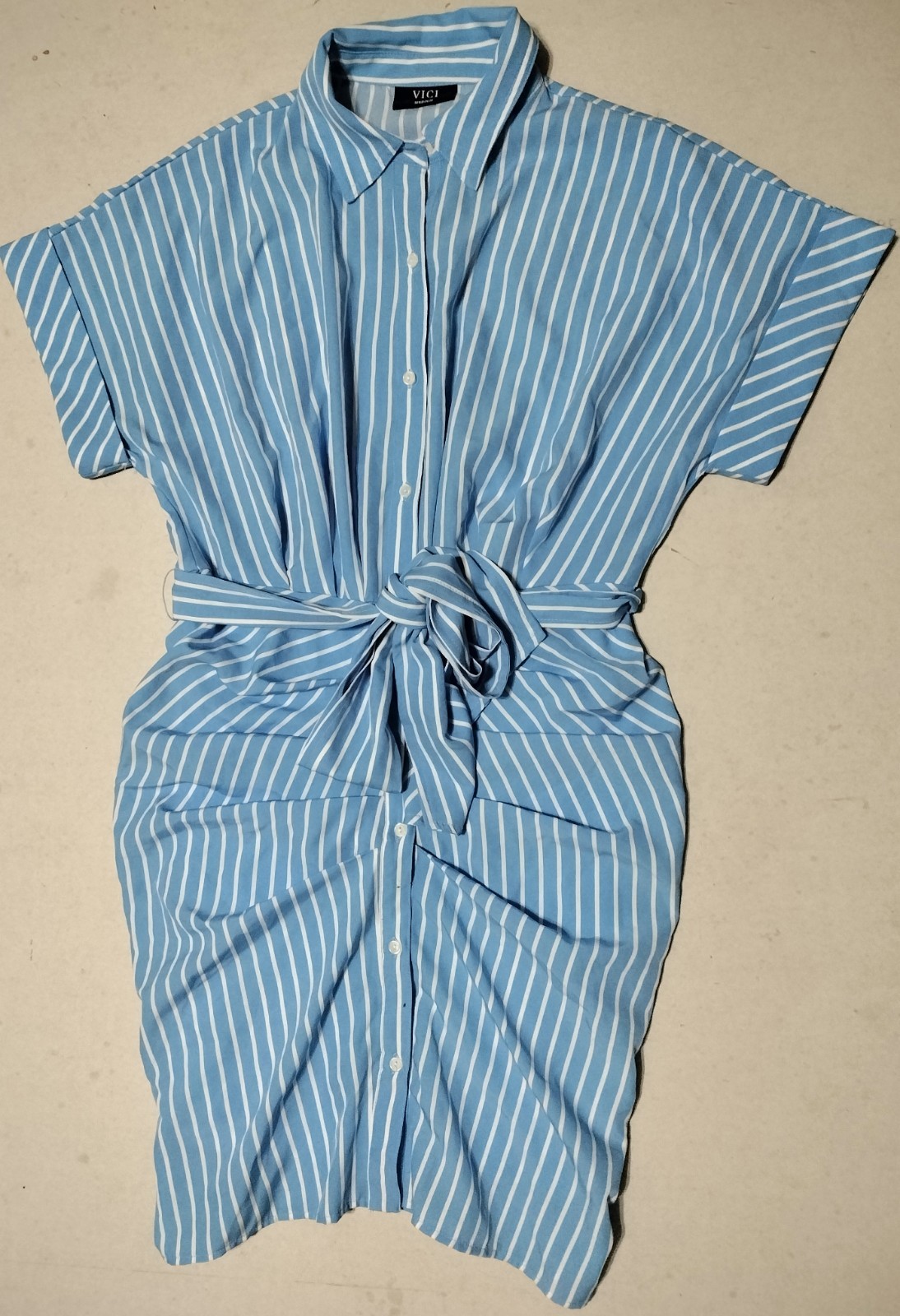 VICI Mini Dress Size Medium Ruched Short Sleeve Blue Striped Coastal Vacation