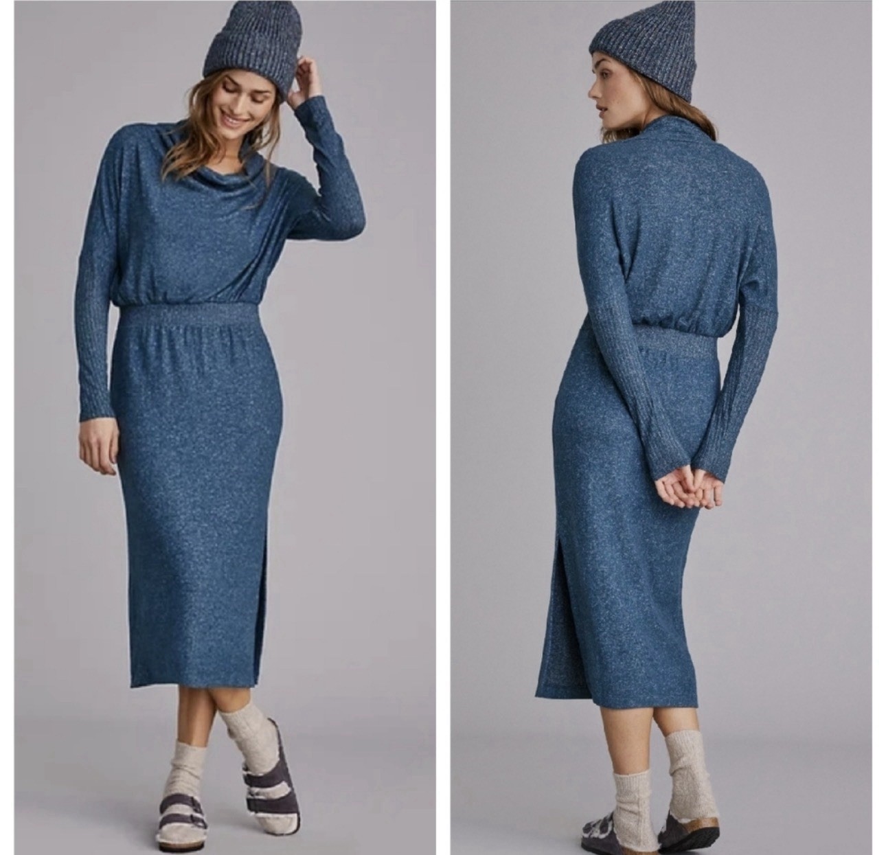 Daily Practice by Anthropologie Blue Heathered Cowl Neck Midi Knit Dress Large