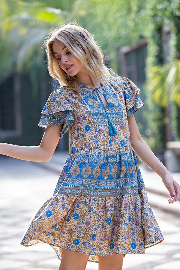 GiGiO Floral Tassel Neck Short Sleeve Women’s Mini Dress