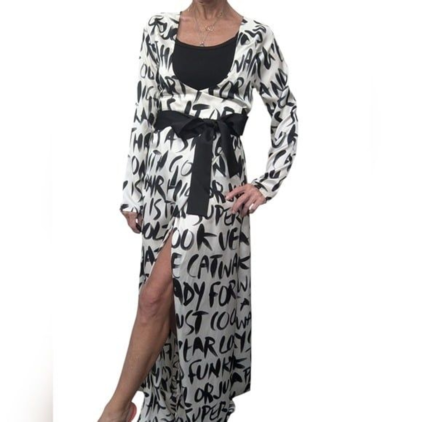 Locker Room Black White Graphic Print Open Back Belted Maxi Dress