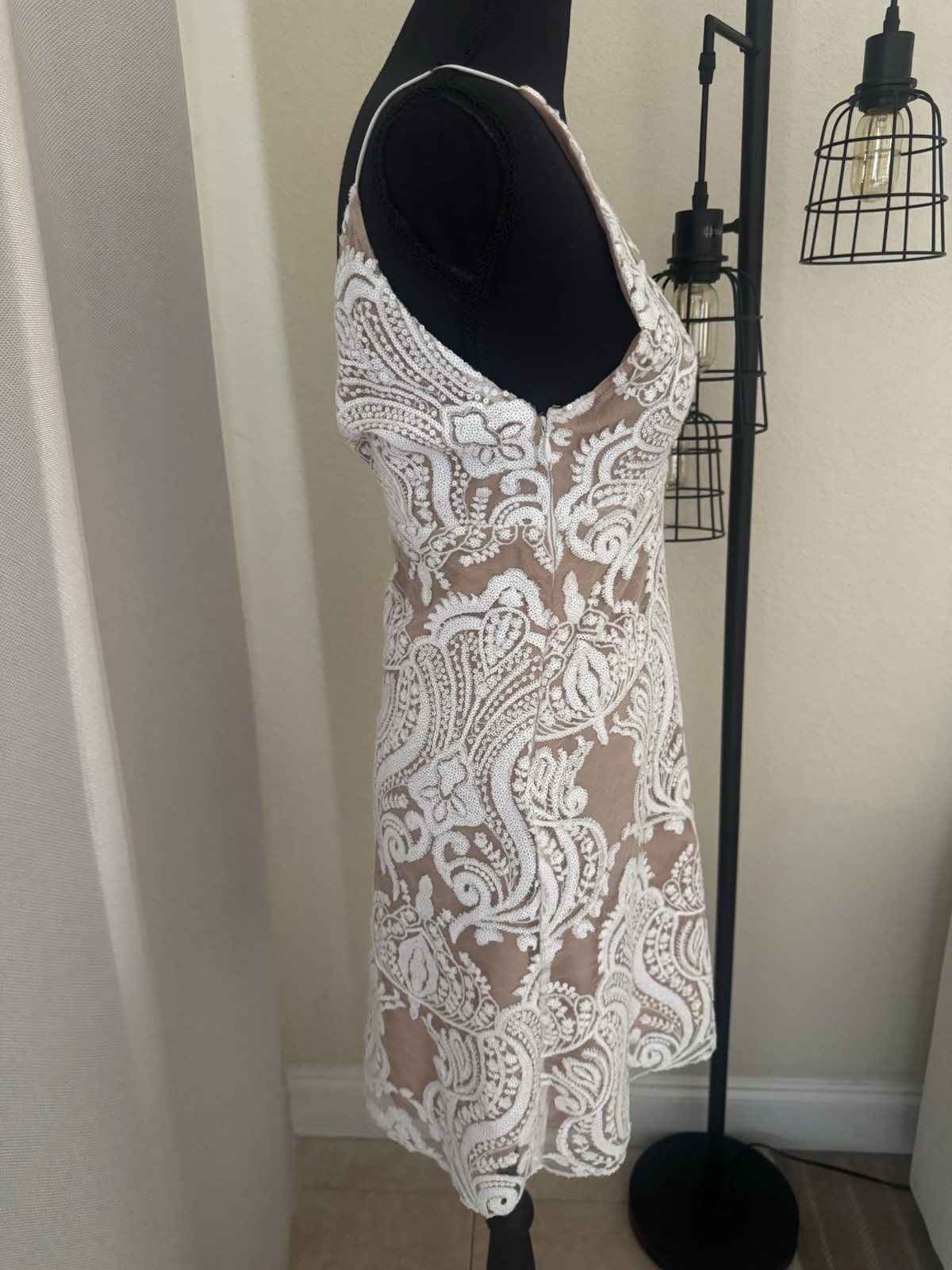 Free People Night Shimmers Sequin Lace Mini Dress Nude Ivory Size 4 Boho