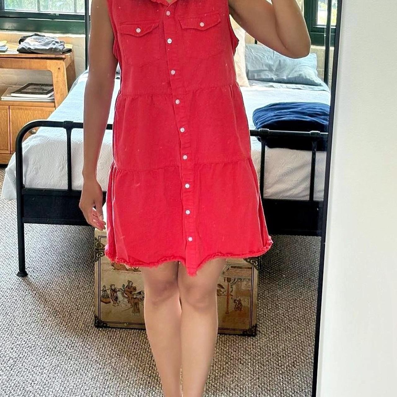 Oversized Red denim Luvamia dress with button up front and pockets!
