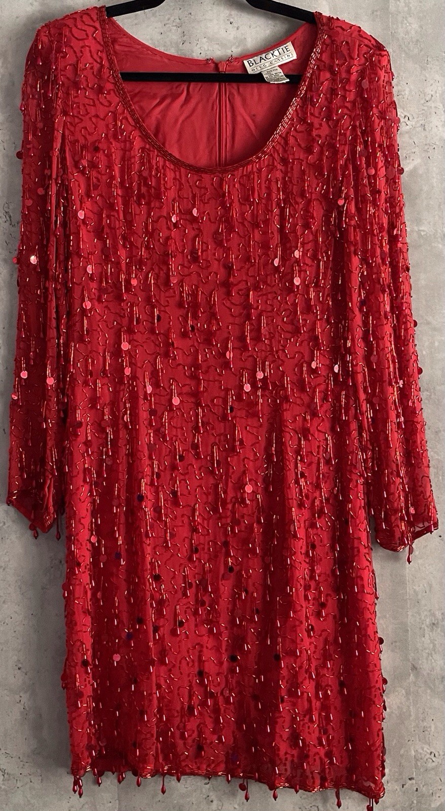 Vintage 90s Oleg Cassini Red Beaded Sequin Fringe Silk Evening Gown Dress 4