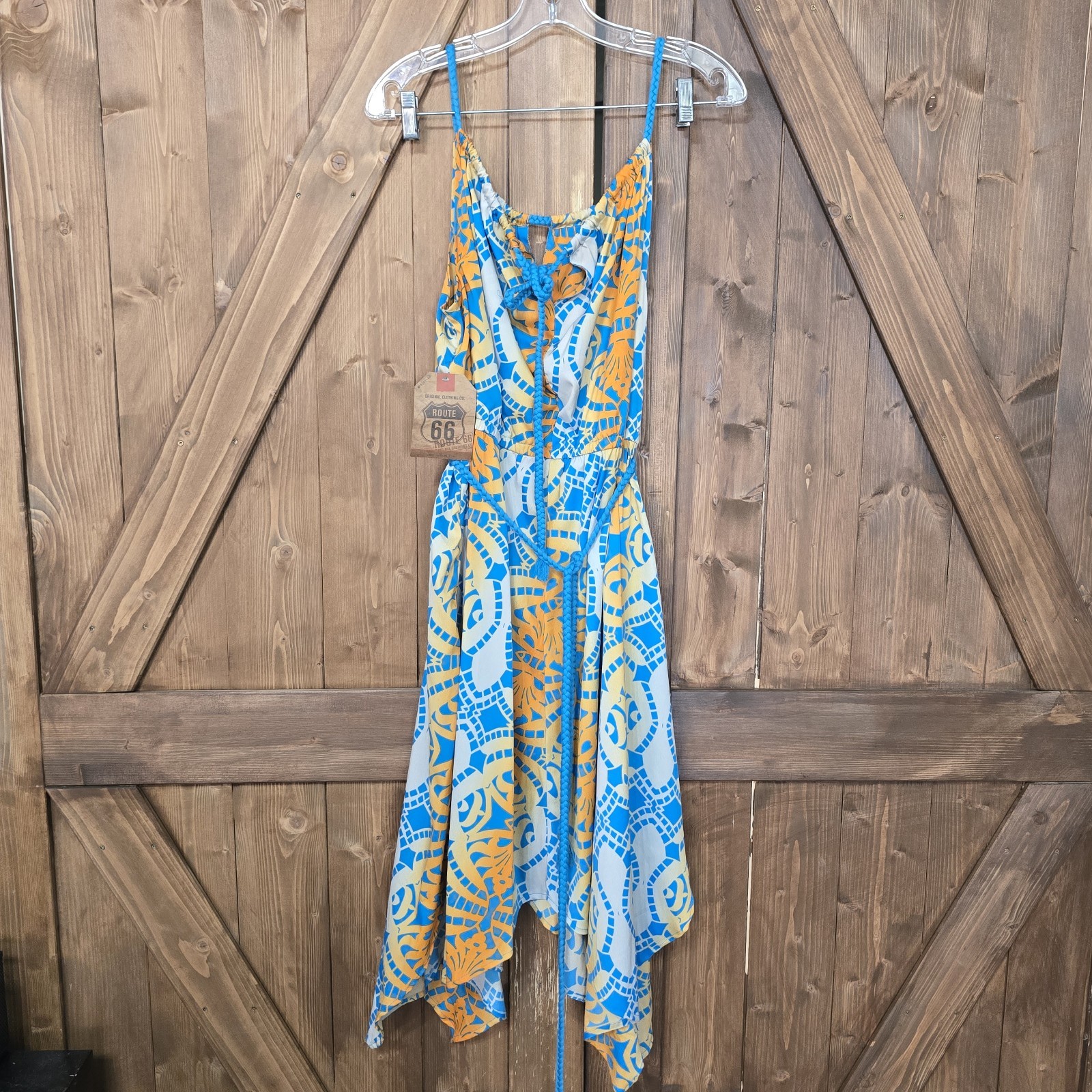 Route 66 Women’s XL Sleeveless Dress Blue Yellow Abstract Asymmetrical NWT