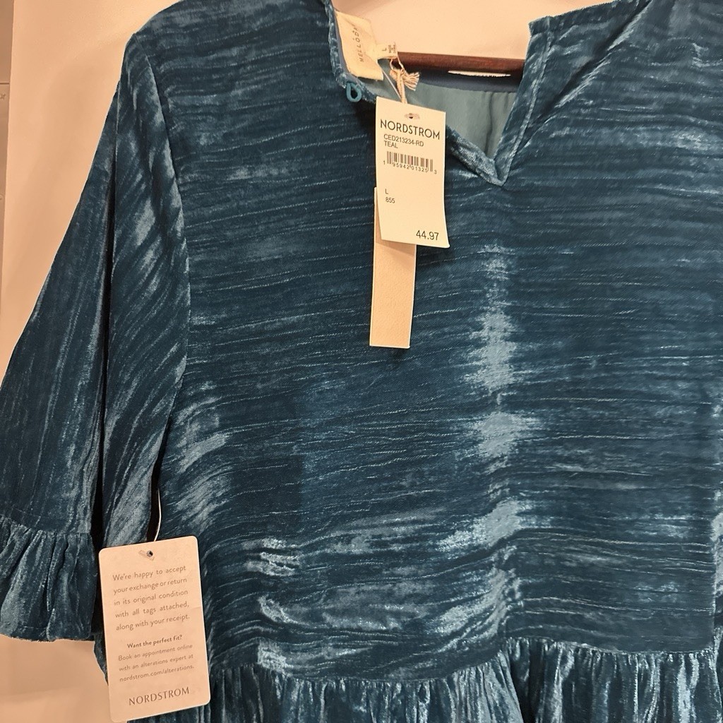 MELLODAY Teal Velvet V-Neck Ruffle Bell Sleeve Mini Dress Pockets L