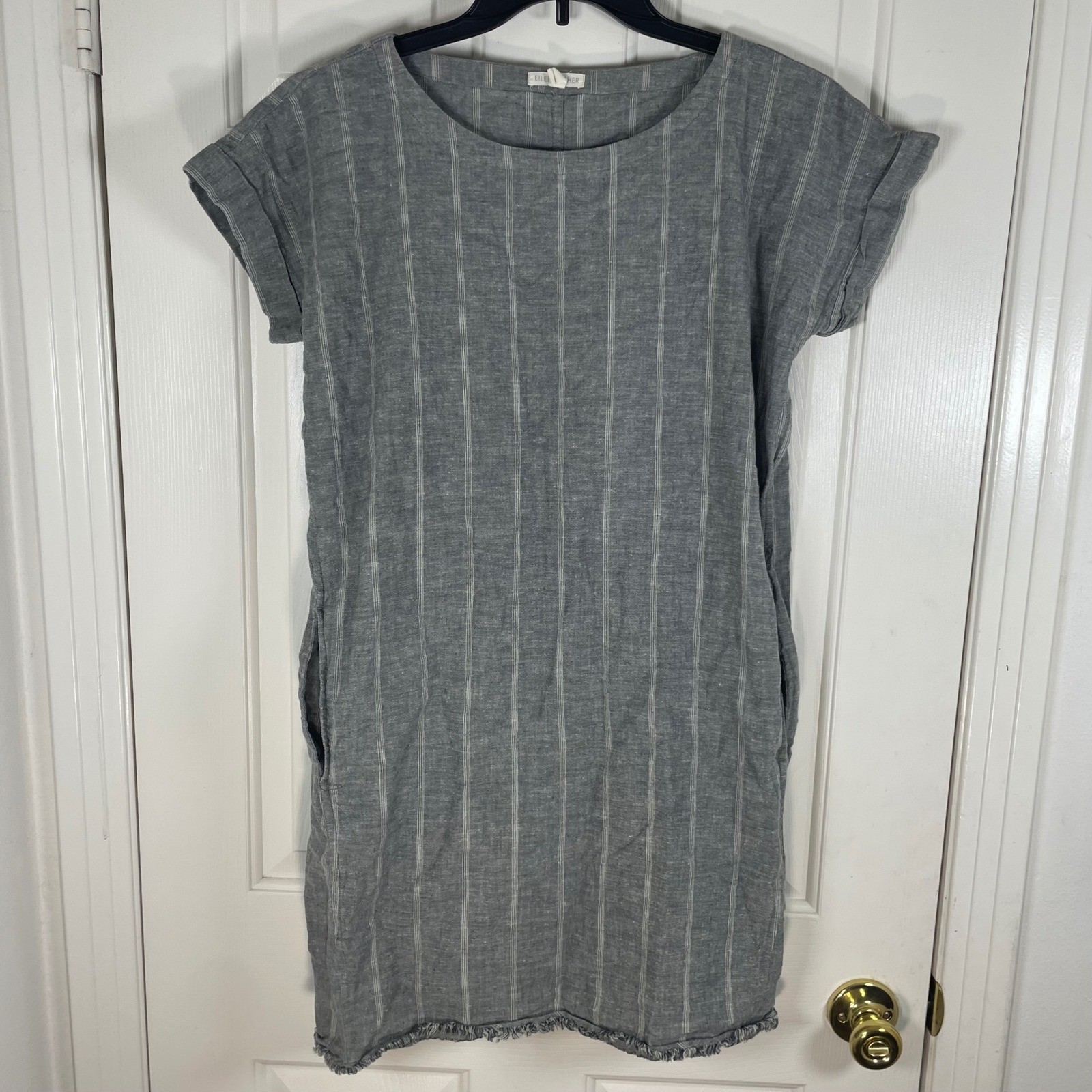 Eileen Fisher Grey Striped Hemp Organic Cotton Shift Dress W/Pockets XS Raw Hem