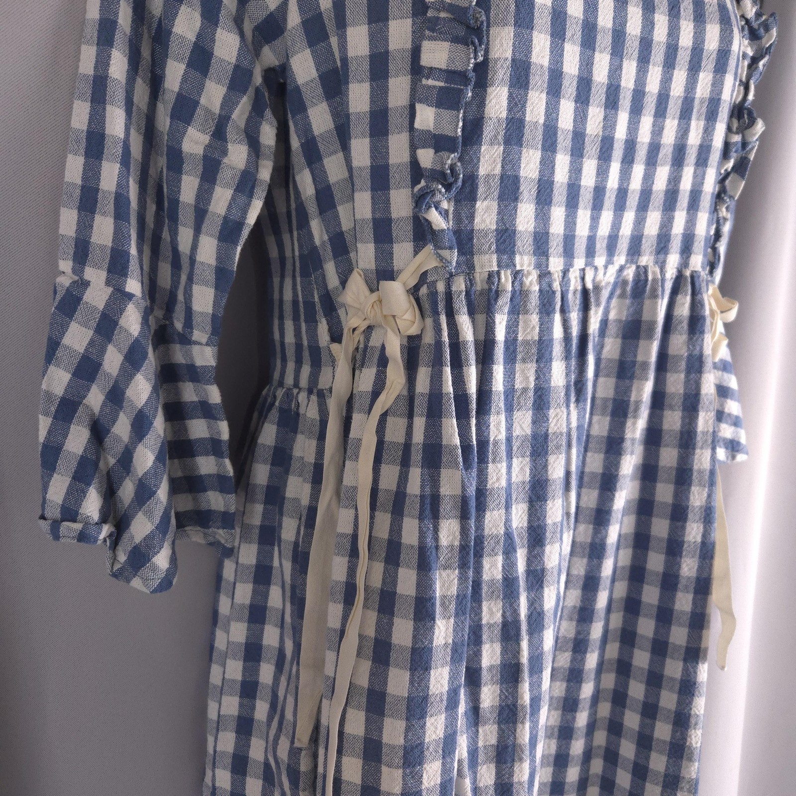 Blue Gingham Check Fit Flare Midi Dress Womens S Ruffle Bell Sleeve Cottagecore