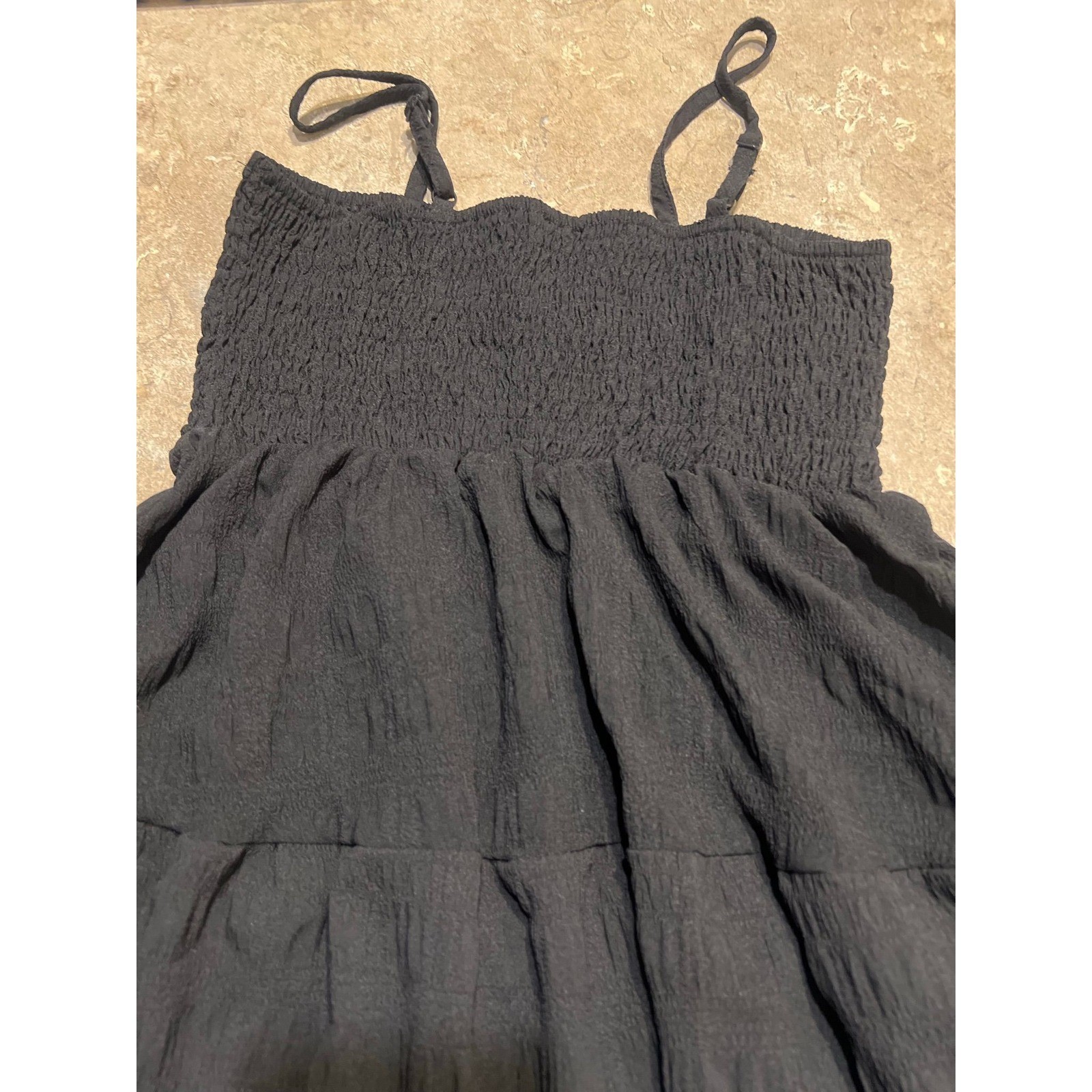 Black Smocked Tiered Mini Dress Textured Crinkle Adjustable Straps Small