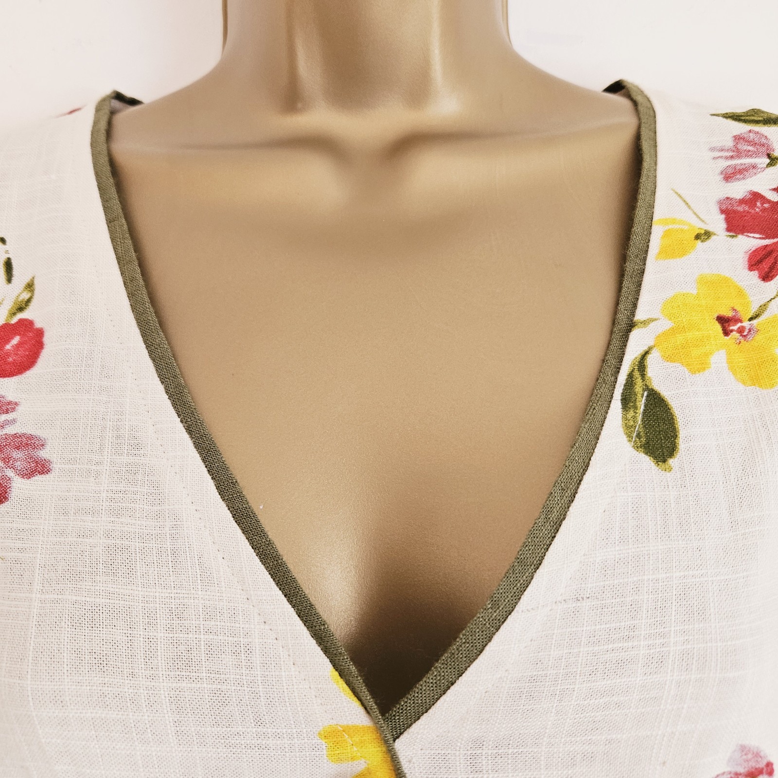 NEW Feemans 10-14 Button Front Linen Ivory Red Green Floral Print Maxi Dress