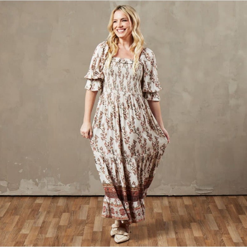 Kate & Sam Floral Smocked Midi Dress Ivory Boho Cracker Barrel XL NWOT