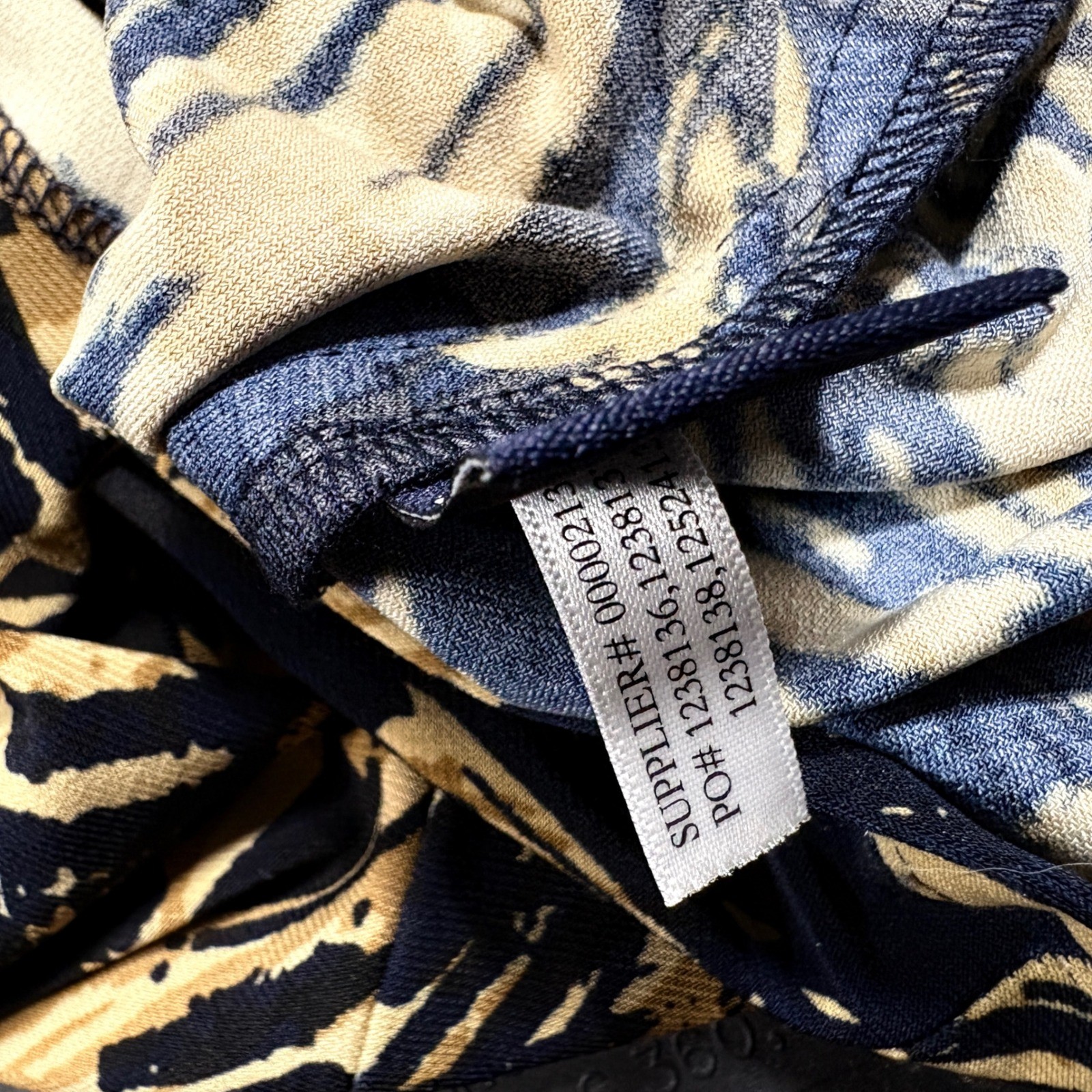 American Living Navy Blue Gold Abstract Print Ruched Faux Wrap Sheath Dress 10