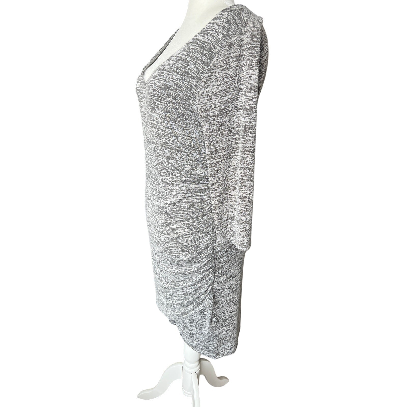 Free Press Heathered Gray Stretch Ruched V-Neck Dress Women’s Size L Easy Travel