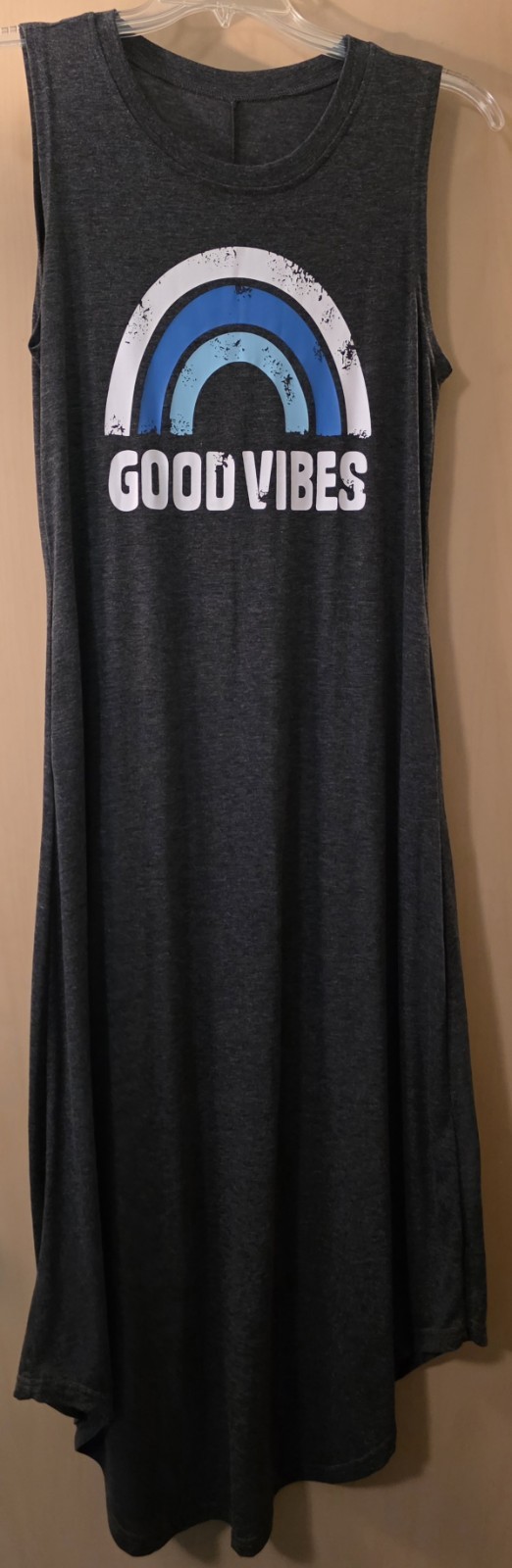 Good Vibes Rainbow Graphics Sleeveless Gray Maxi Dress M w/Pockets