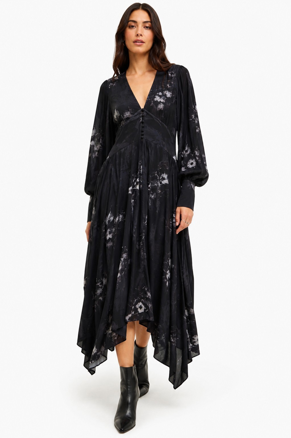 AllSaints Renata Une Dress Ink Bloom Black Floral Midi Maxi Long Sleeve V…