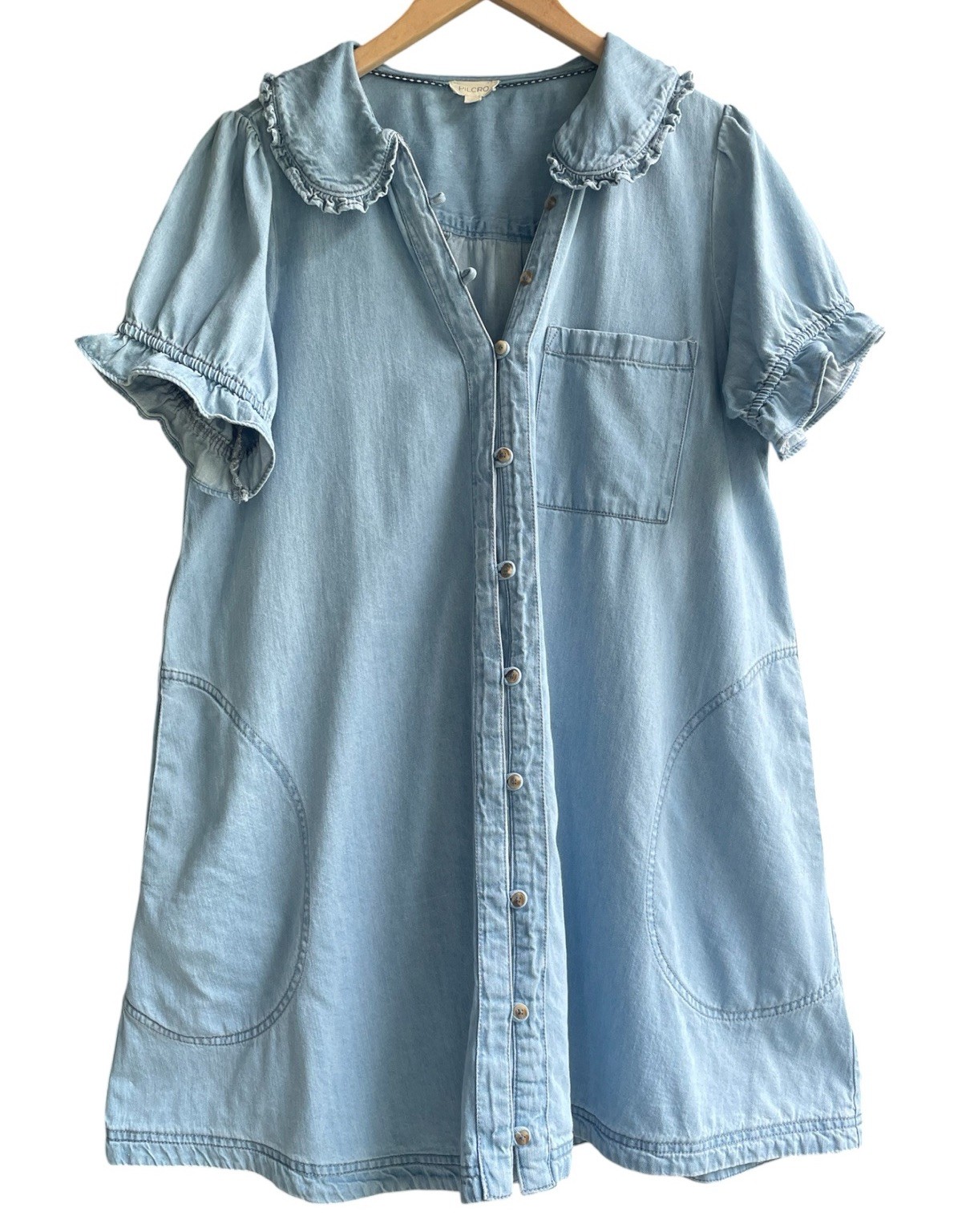 Anthropologie Pilcro Keira Denim Mini Dress Size L Babydoll Tiered ShirtDress