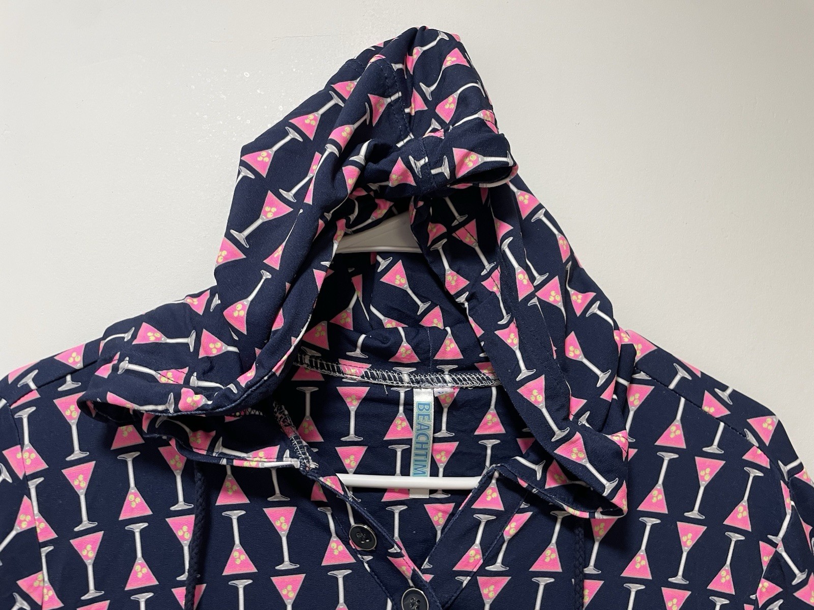 Beachtime Navy Pink Geometric Shift Dress Hood Button Collared Pockets XL