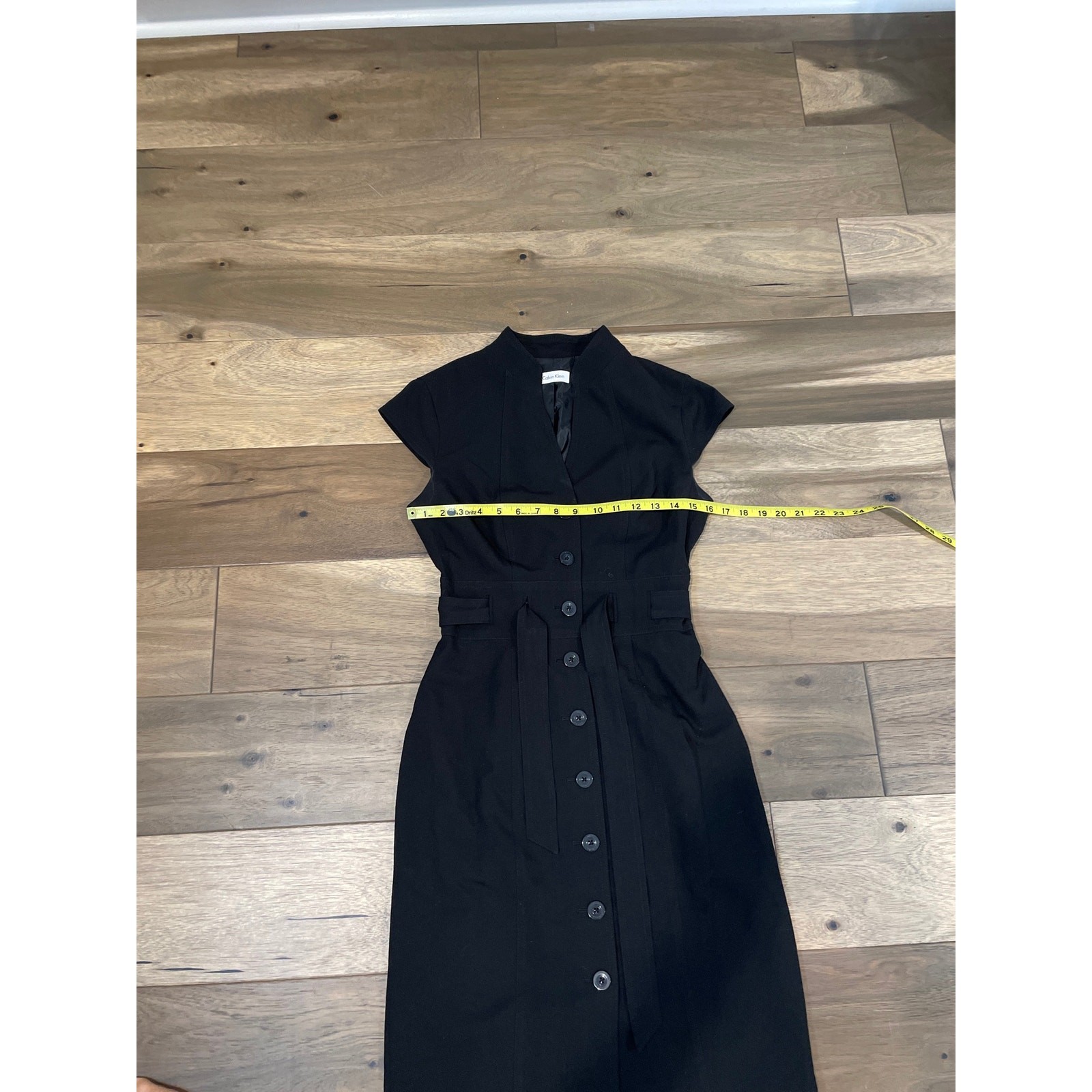 Calvin Klein Black Button Down Tie Waist Sheath Dress Cap Sleeves Size S