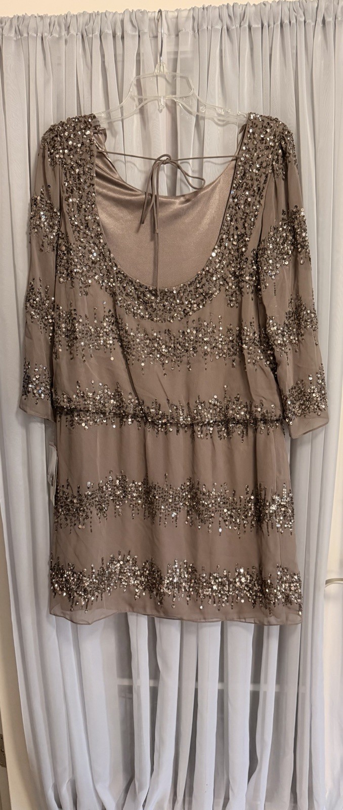 Adrianna Papell Sequin Blouson Mini Dress Taupe with 3/4 Sleeves Size 14 New