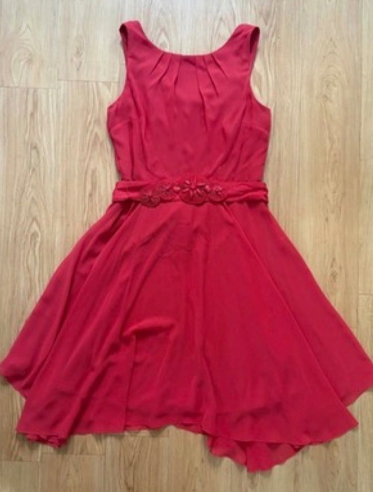 SL Fashion Jewel Neck Hanky Hem Coral Dress with Applique Belt – Size 10 NEW
