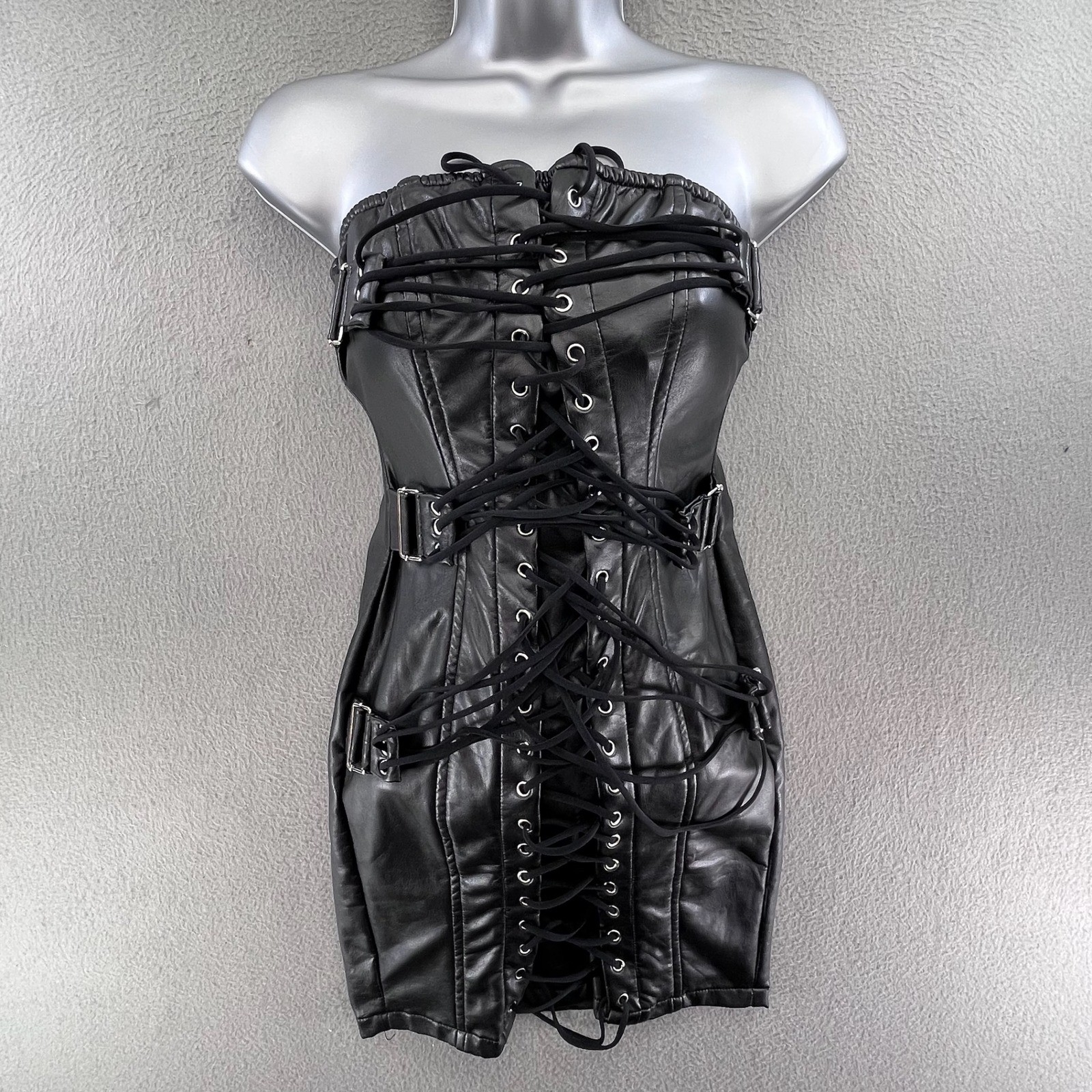 Hot & Delicious Women Mini Dress Faux Leather Black S Lace Up Edgy Goth HDD27724