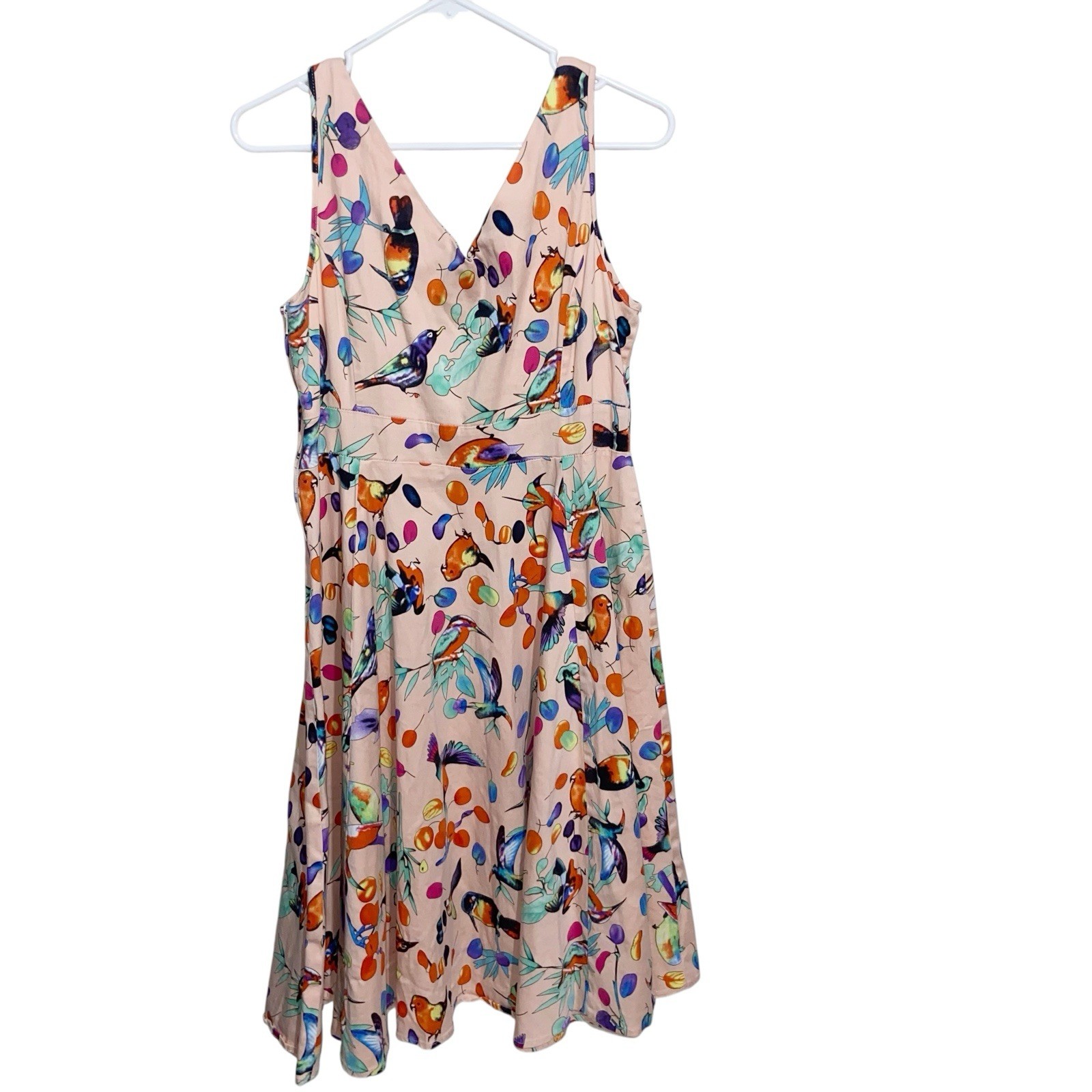 Hearts & Roses Dress Sz14 Floral Bird Print Pin Up Fit & Flare Retro Rockabilly