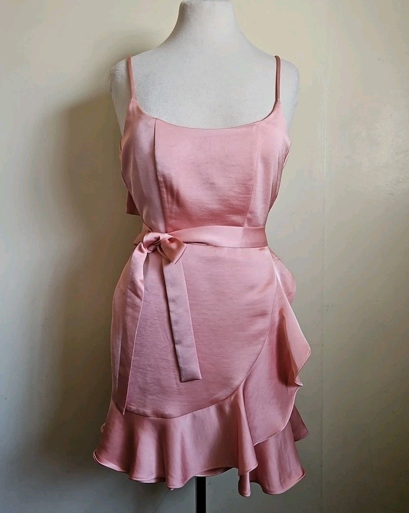 Lulus Salmon Pink Satin Wrapped Ruffle Strappy Belted Mini-Dress Size XS