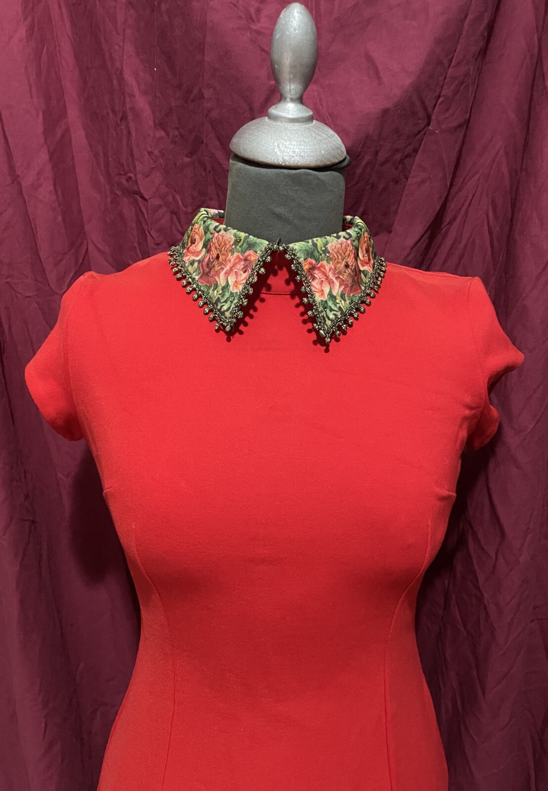 Dress Michal Negrin Red Collar with flowers very rare collector’s item 38 Israel