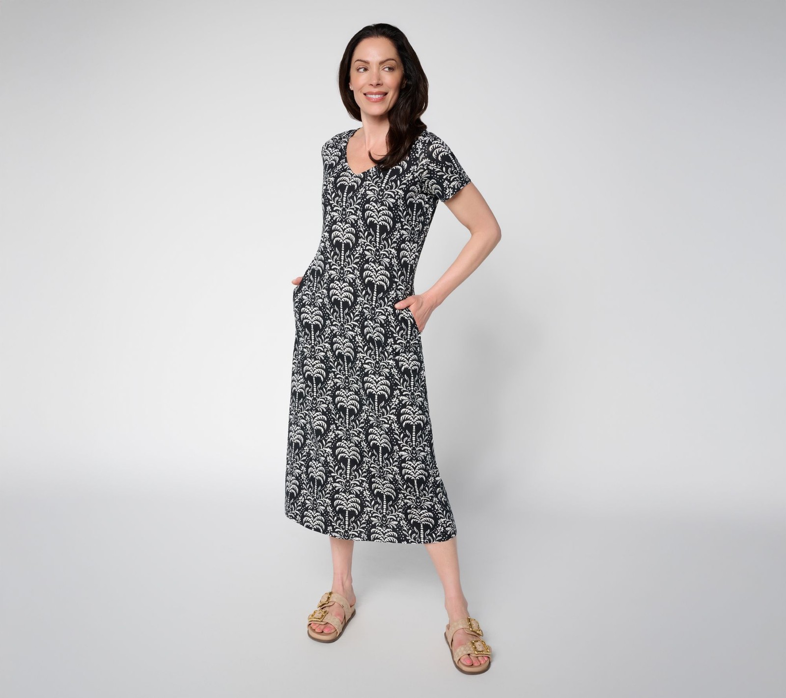 Belle by Kim Gravel Beach Regular Slub Knit Palm Maxi Dress Black L New