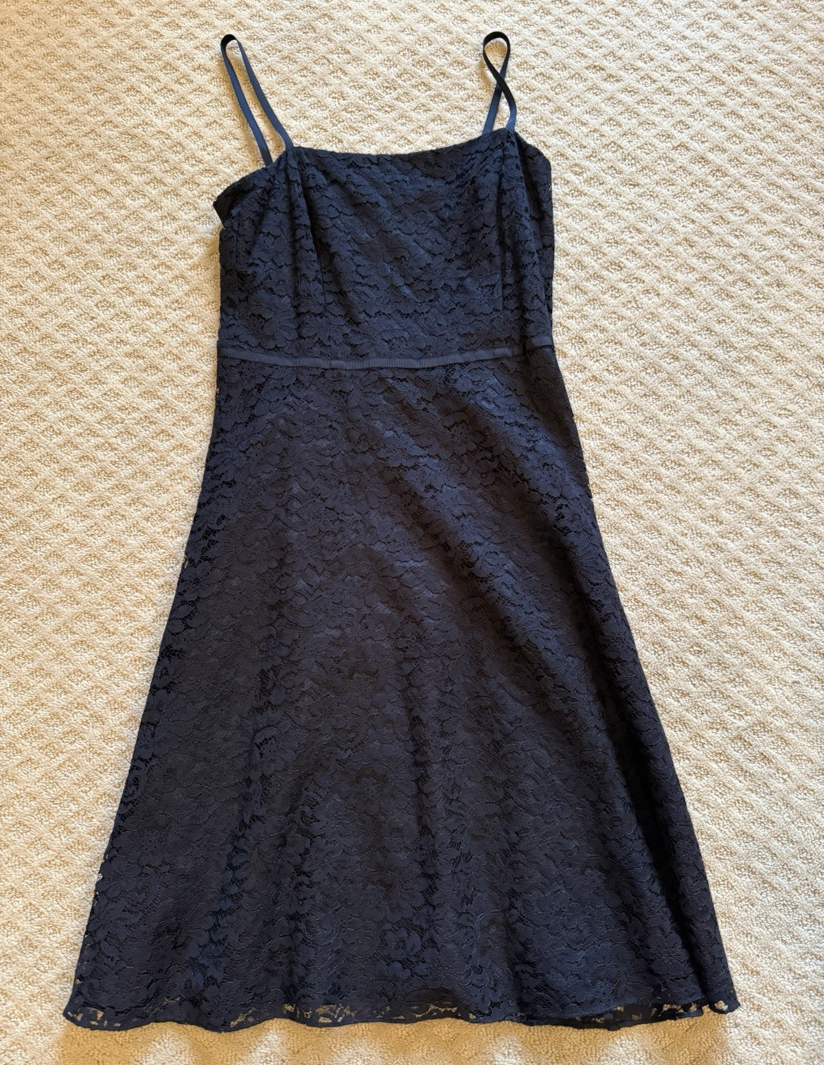 Ann Taylor Black Floral Lace Fit & Flare Dress Square Neck Strappy Zip 8