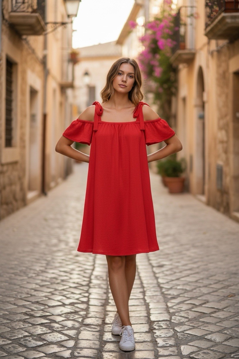 Green Envelope Red Off Shoulder Tie Strap Ruffle Dress Women’s Small Flowy