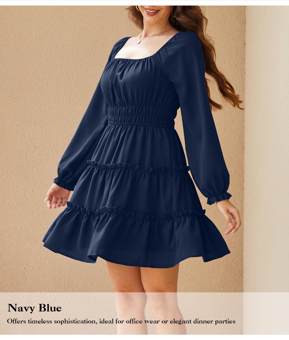 Chicovar Women’s Navy Blue Square Neck Boho Mini Dress Long Sleeve Size L