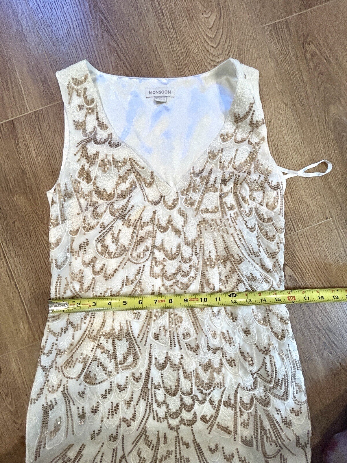 Monsoon UK Ivory Gold Cascading Sequins Shift Dress Size 4 Summer Cocktail Party