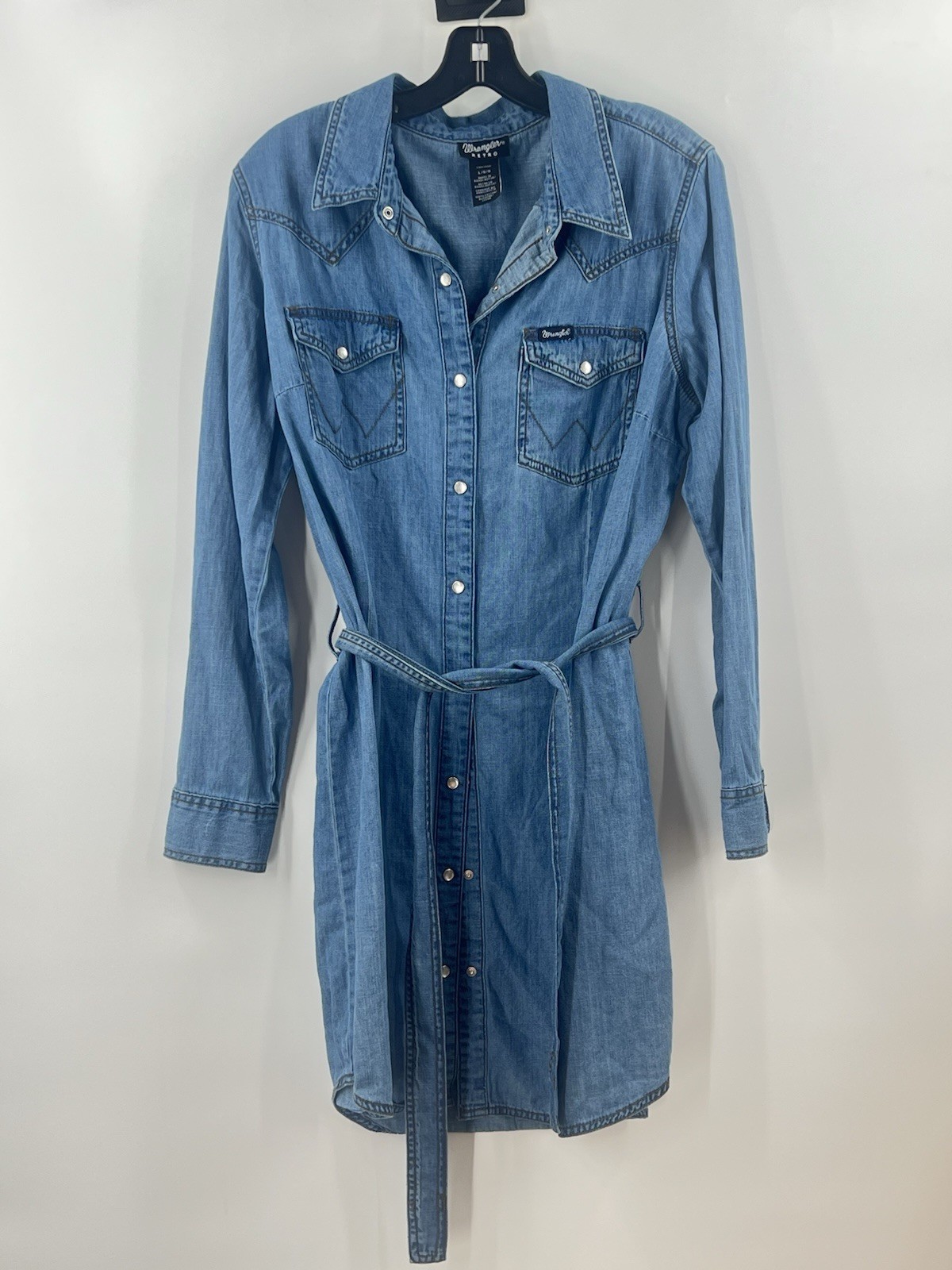 Wrangler Retro Denim Dress Size L Pearl Snap Front Long Sleeve Pocket Cowgirl