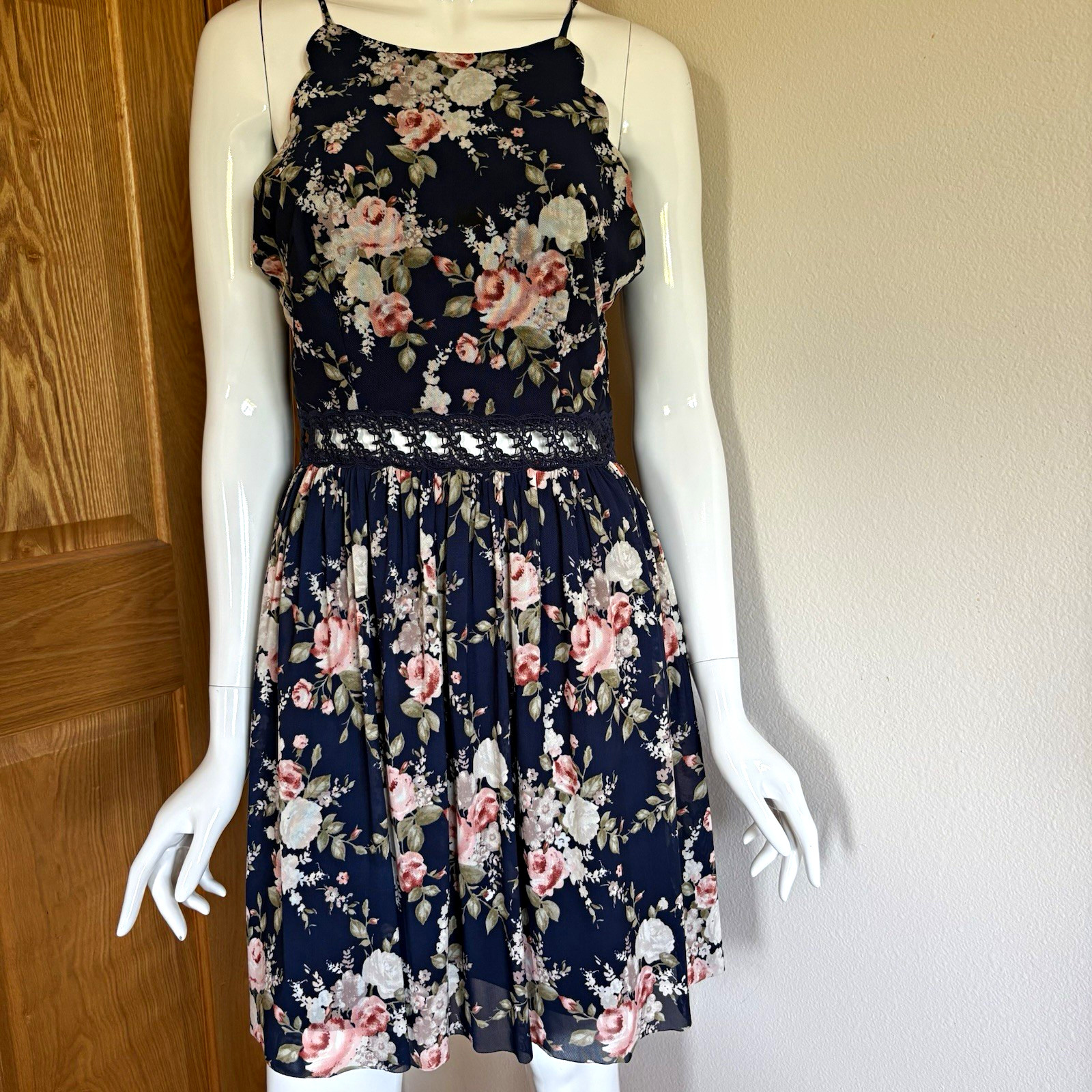 By by Navy Floral Chiffon Fit & Flare High Neck Lace Lined
