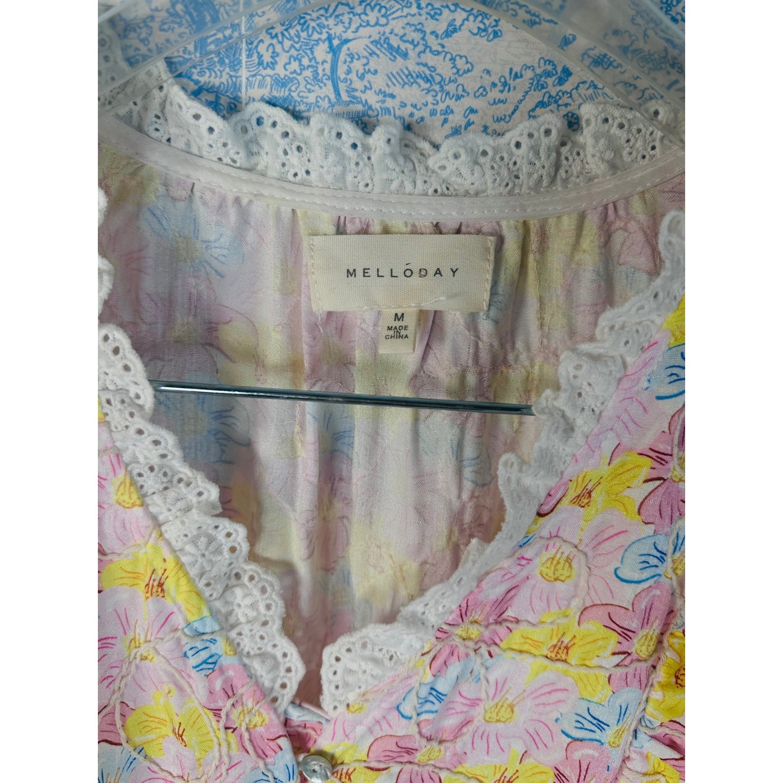 Melloday Floral Eyelet Lace Tiered Mini Dress Pink Yellow Cottagecore Medium
