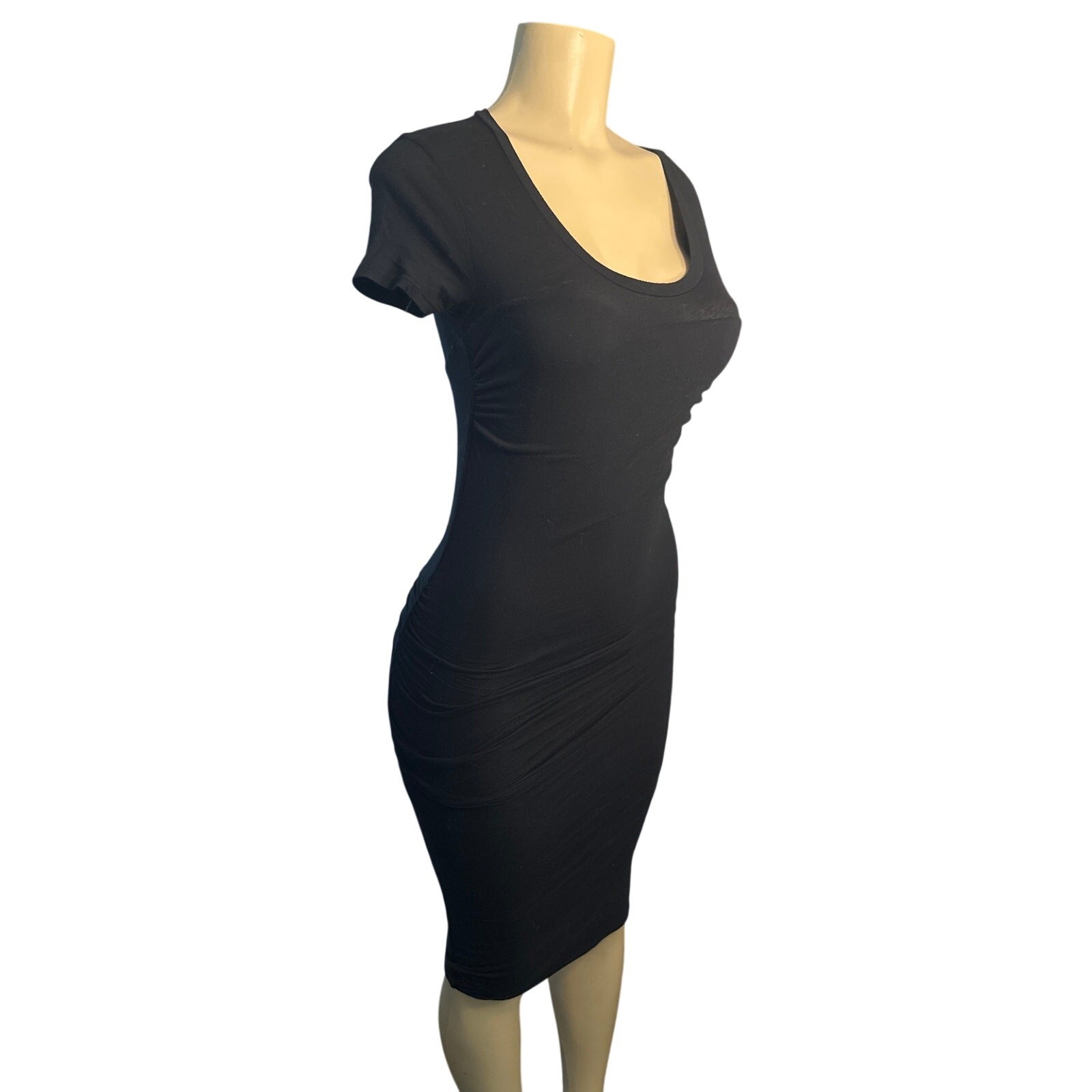 Women 1 Standard James Perse Ruched Bodycon T-Shirt Dress Black Short Slv Midi