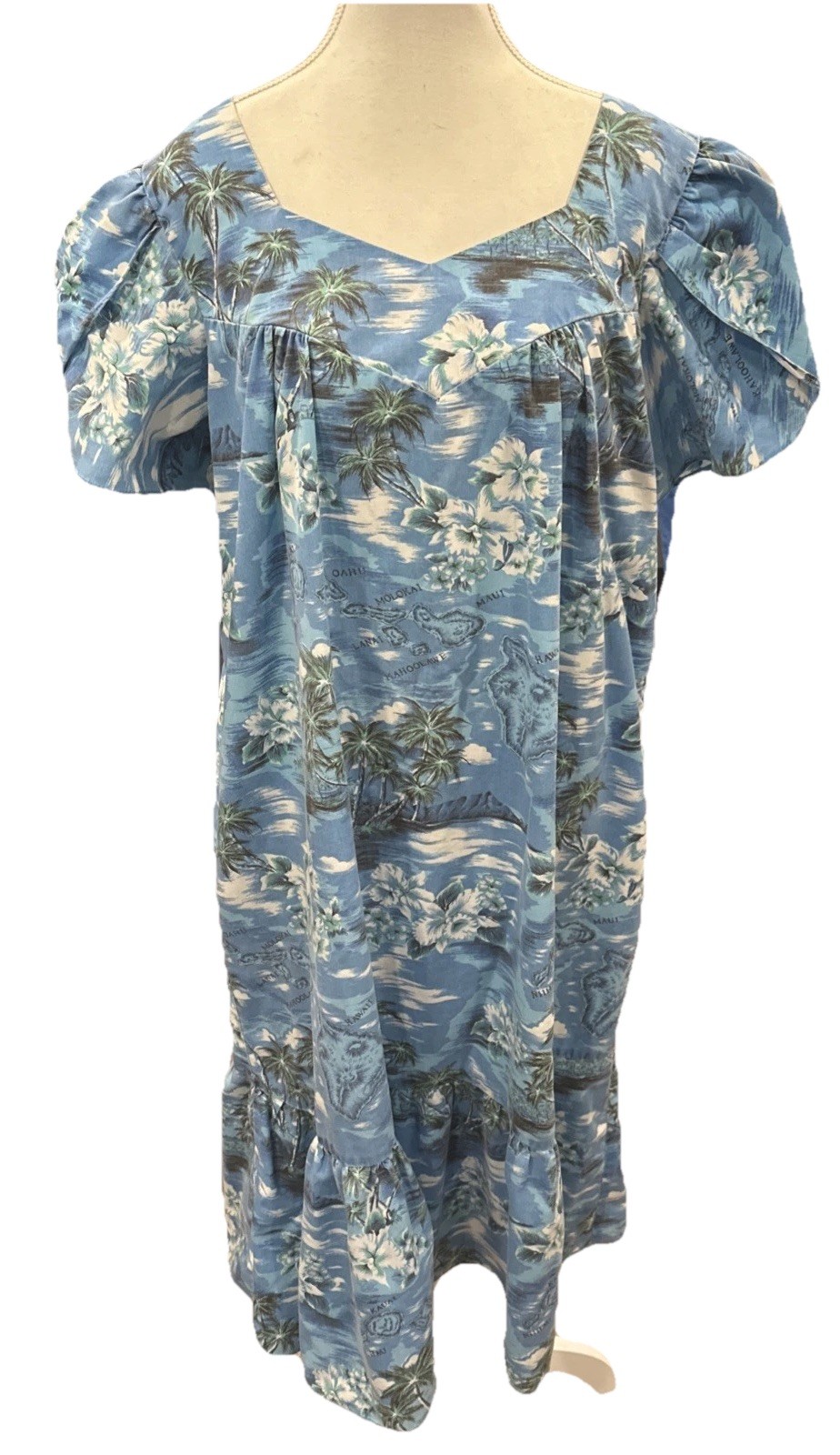 VTG KY’s Hawaiian MuuMuu Lounge Dress Blue USA 1X Retro Palm Trees Caftan READ