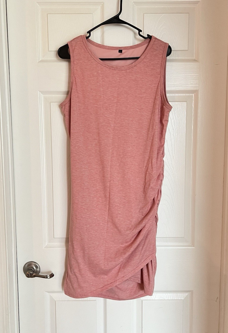 Women’s Pink Solid Bodycon Dress Ruched Stretch Round Neck Sleeveless M