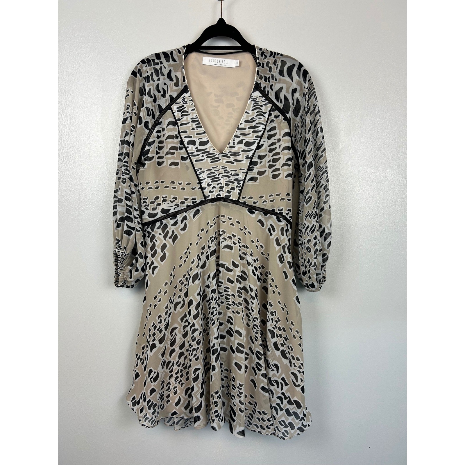 Hunter Bell Silk Dress XS Neutral Babydoll Sheer Sleeves Mini Date Night